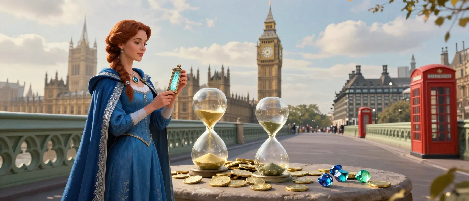 A fantasy sandglass and balanced coins for the Duelbits bonus terms