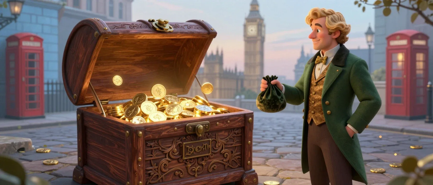 A fantasy treasure chest with glowing coins for the Duelbits welcome bonus