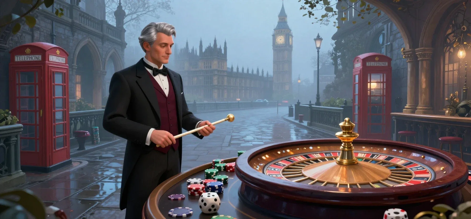 Duelbits live casino tables with roulette, cards, dice and gaming chips