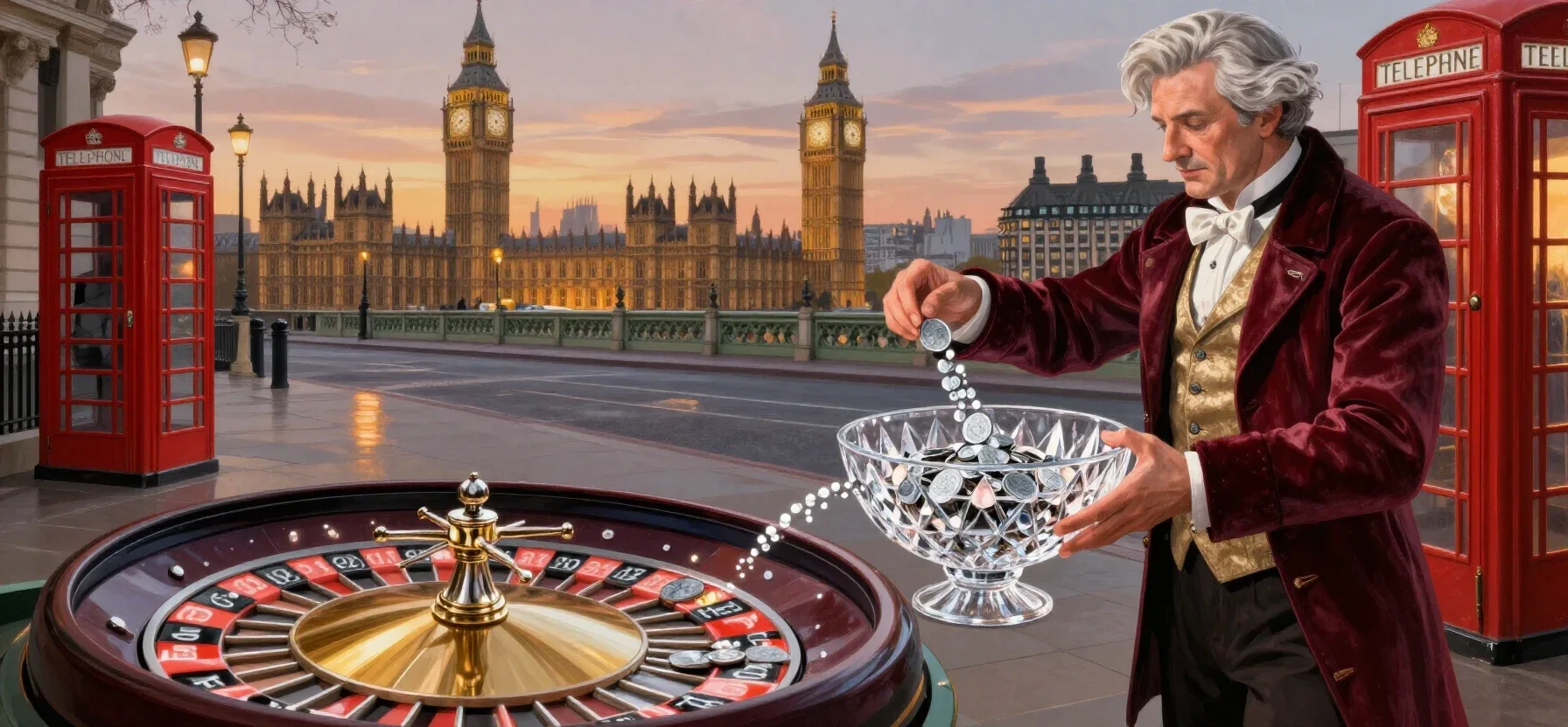 Duelbits rakeback shown as coins flowing into a crystal bowl